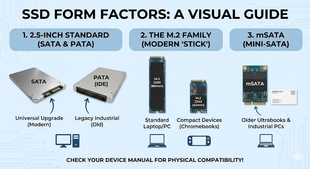 Different types of SSD form factors including 2.5 inch SATA M.2 NVMe mSATA and SATA DOM