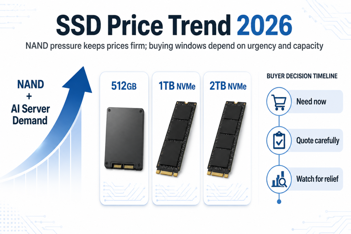 SSD price trend 2026 infographic showing NAND pressure, 512GB, 1TB NVMe, 2TB NVMe, and buyer timing decisions