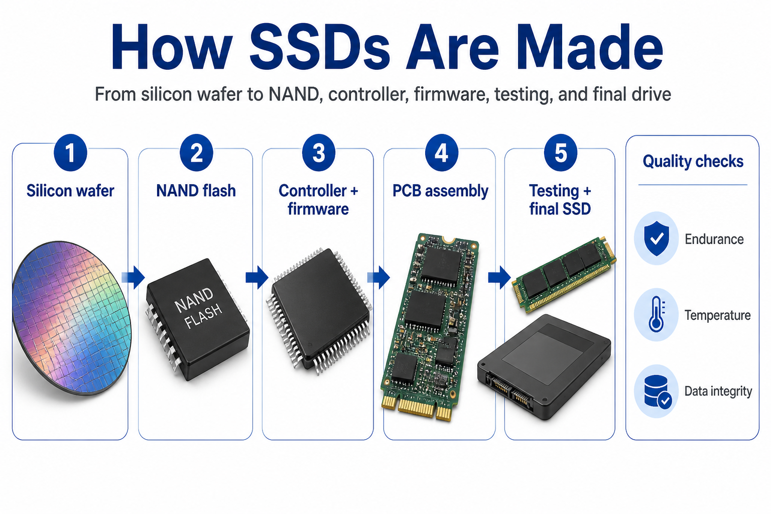 How SSDs are made infographic showing silicon wafer, NAND flash, controller firmware, PCB assembly, testing, and final SSD